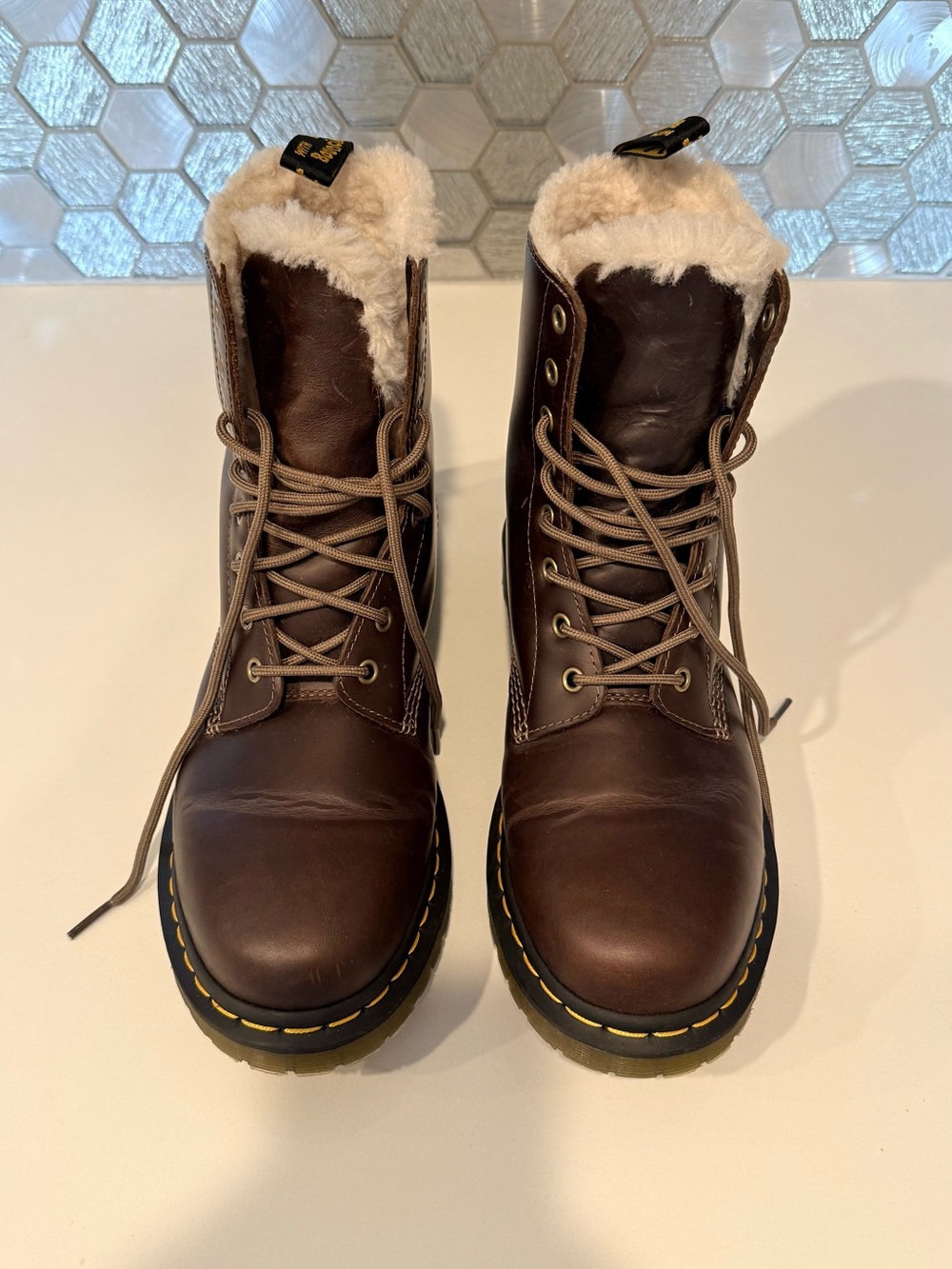 Dr. Martens Brown Leather Lace-Up Shearling Combat Boots